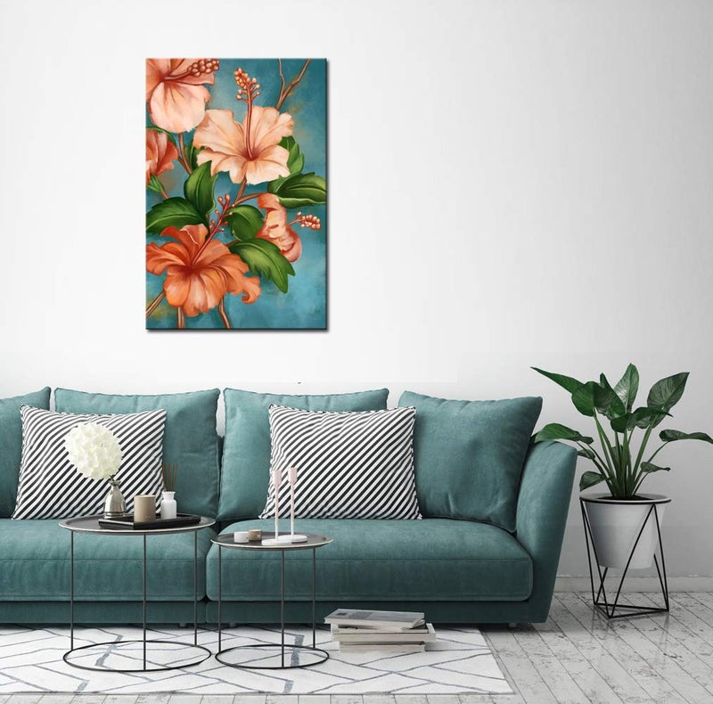 LevvArts Orange and Teal Wall Decor Hawaiian Hibiscus Flower Paintings Picture Tropical Floral Canvas Art for Living Room Kitchen Decoration 24"x36" - Image 4